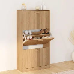 Meuble à chaussures 18 paires 3 portes tasseau bois coloris chêne