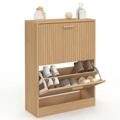 Meuble à chaussures 12 paires 2 portes lattes bois coloris chêne