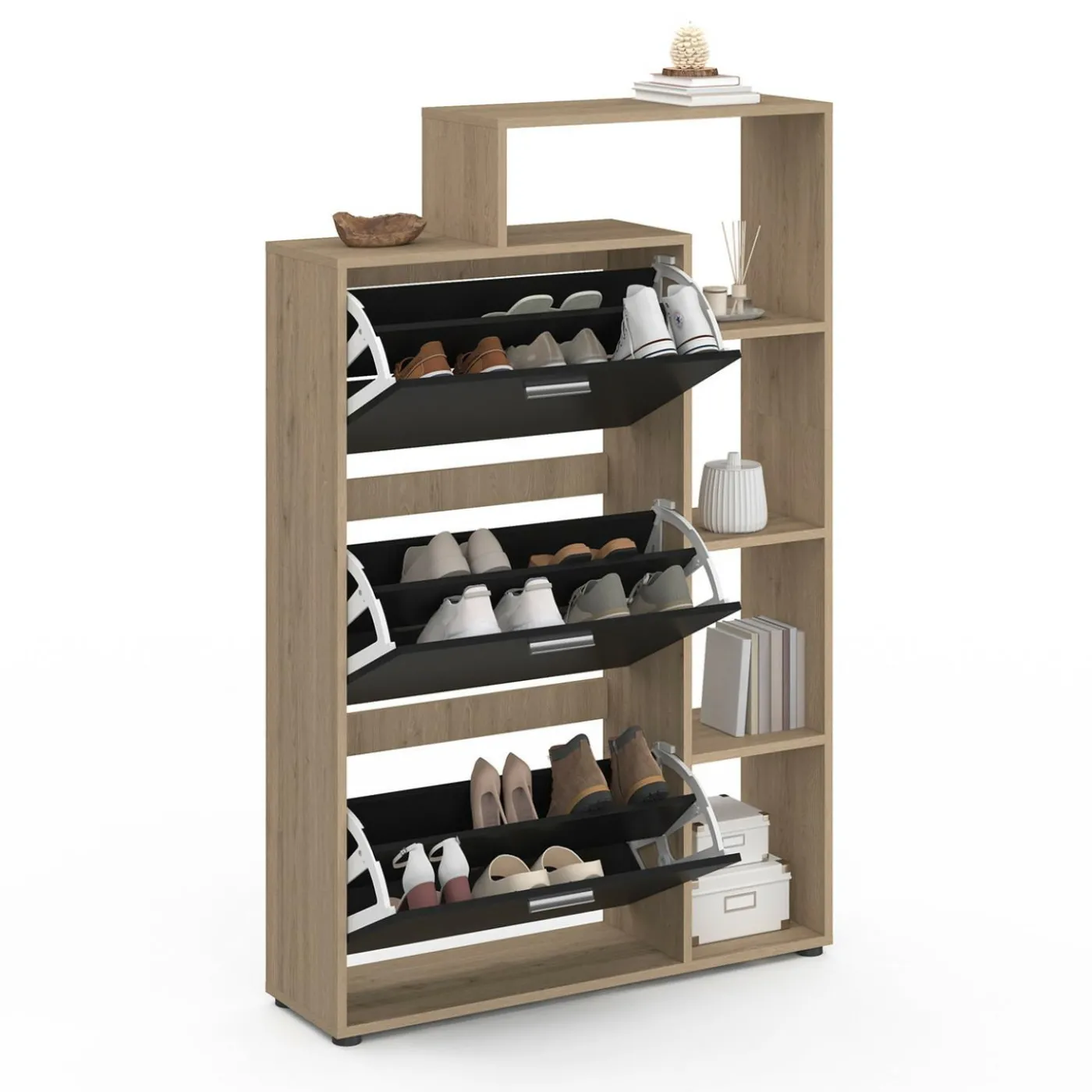 Meuble à chaussures 3 portes noires avec étagères