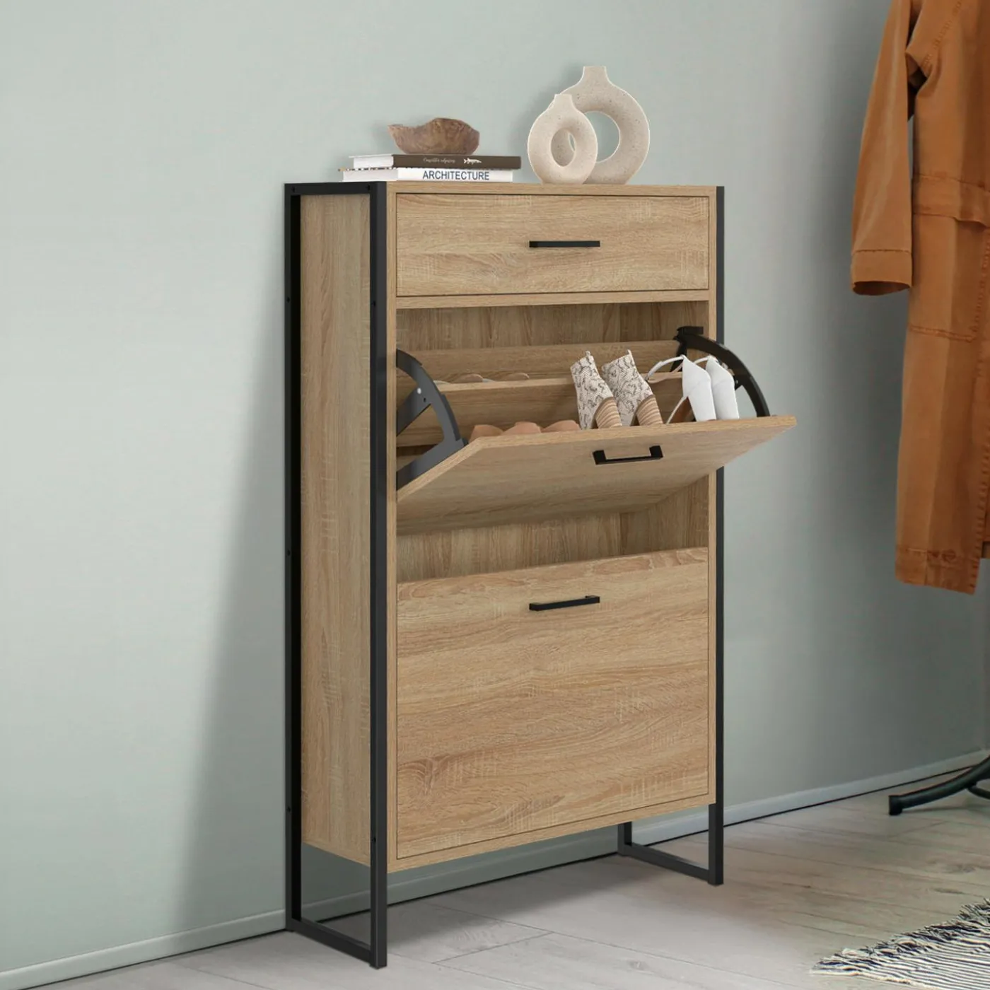 Meuble à chaussures avec 2 portes et 1 tiroir style industriel