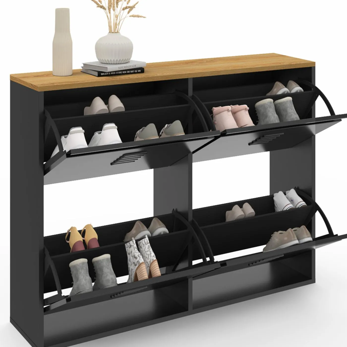 Meuble à chaussures industriel 20 paires 4 portes métalliques plateau bois