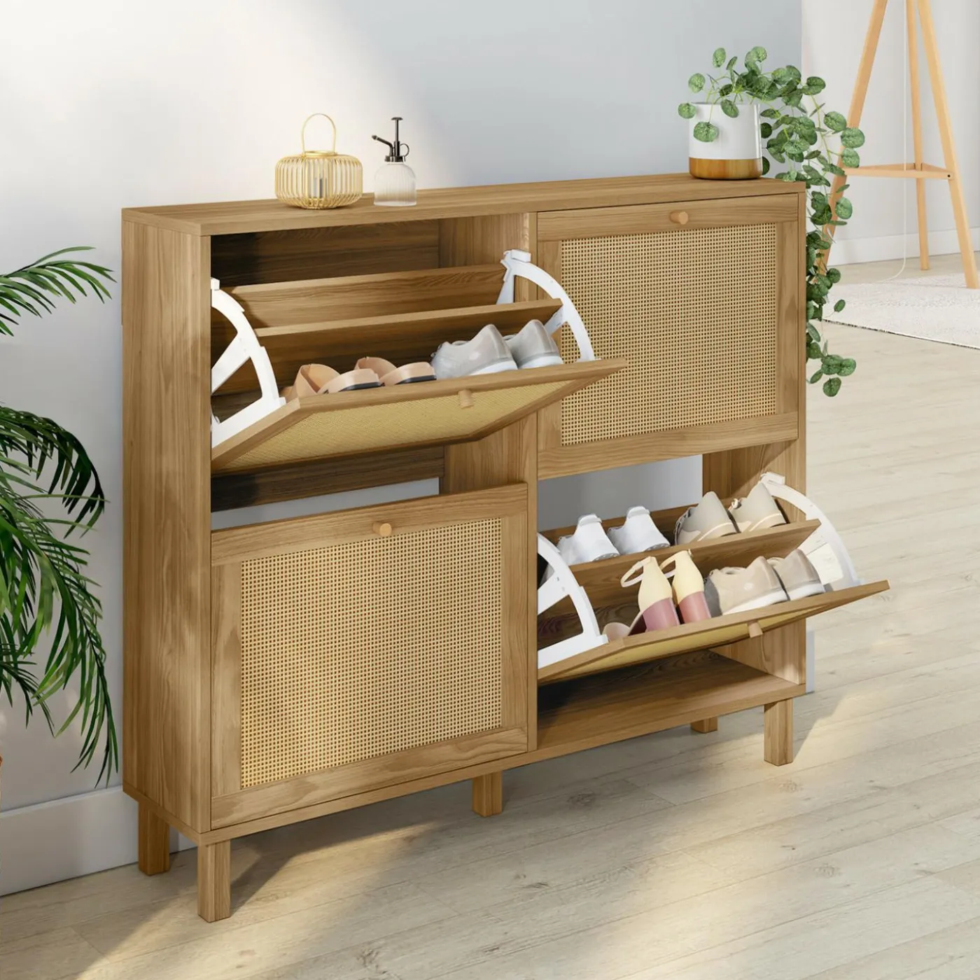 Meuble à chaussures vintage effet naturel cannage 20 paires 4 portes