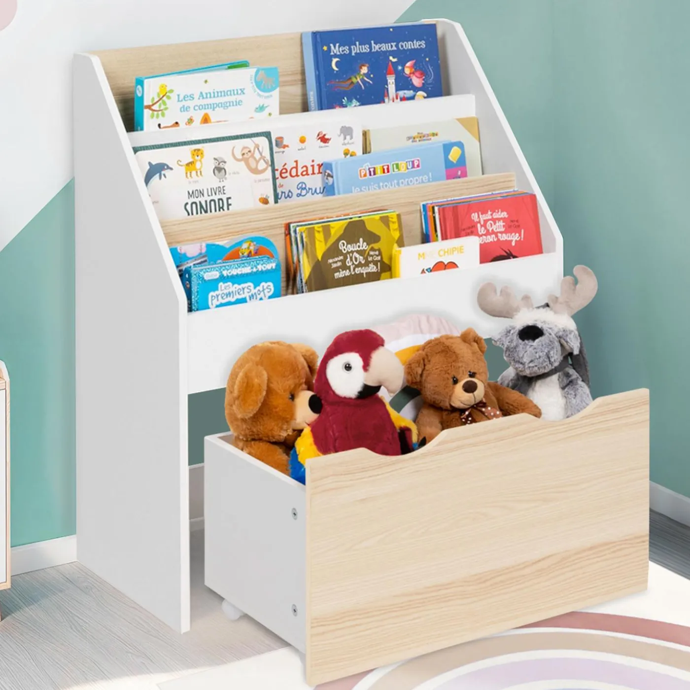 Meuble bibliothèque pour enfant blanc et hêtre avec 3 étagères et 1 bac