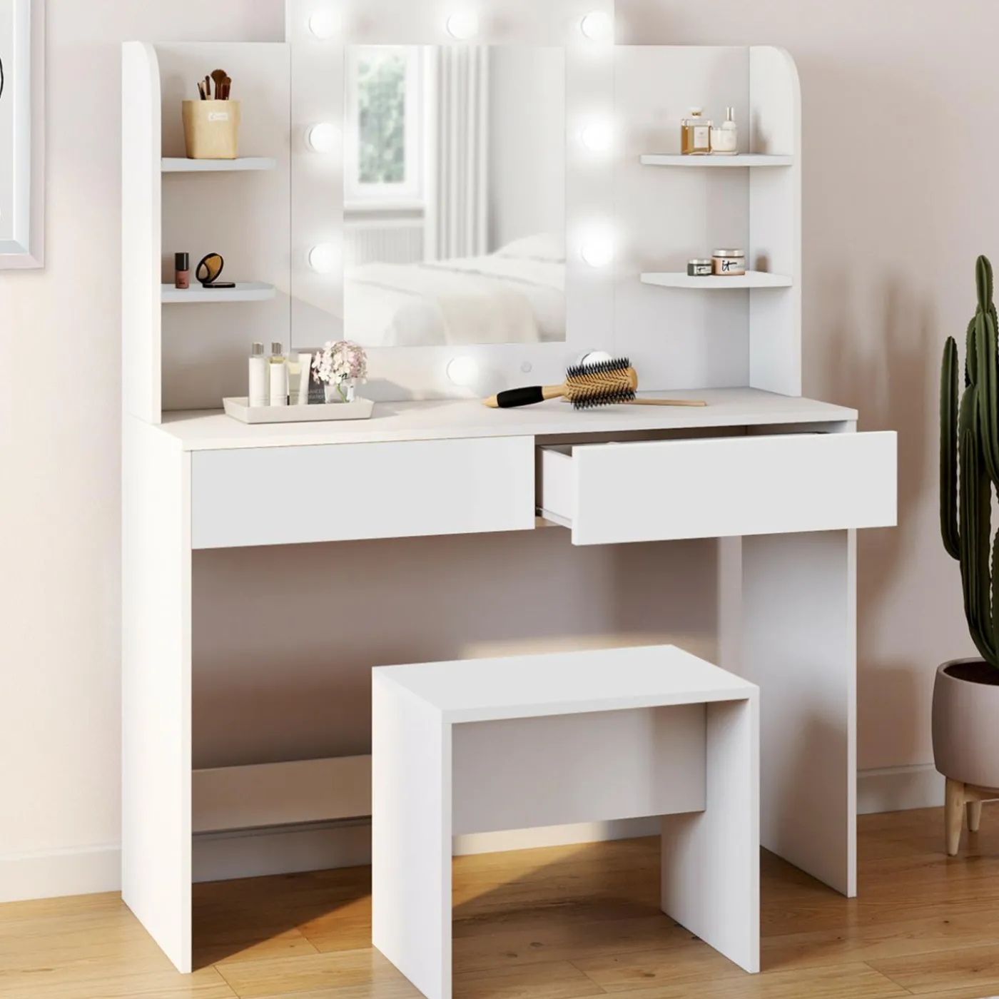 Meuble coiffeuse blanche avec miroir LED et tabouret