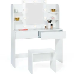 Meuble coiffeuse blanche avec miroir LED et tabouret