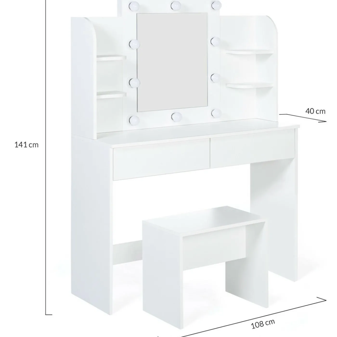 Meuble coiffeuse blanche avec miroir LED et tabouret