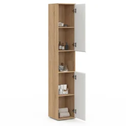 Meuble colonne salle de bain suspendu 2 portes 1 niche façon hêtre et blanc