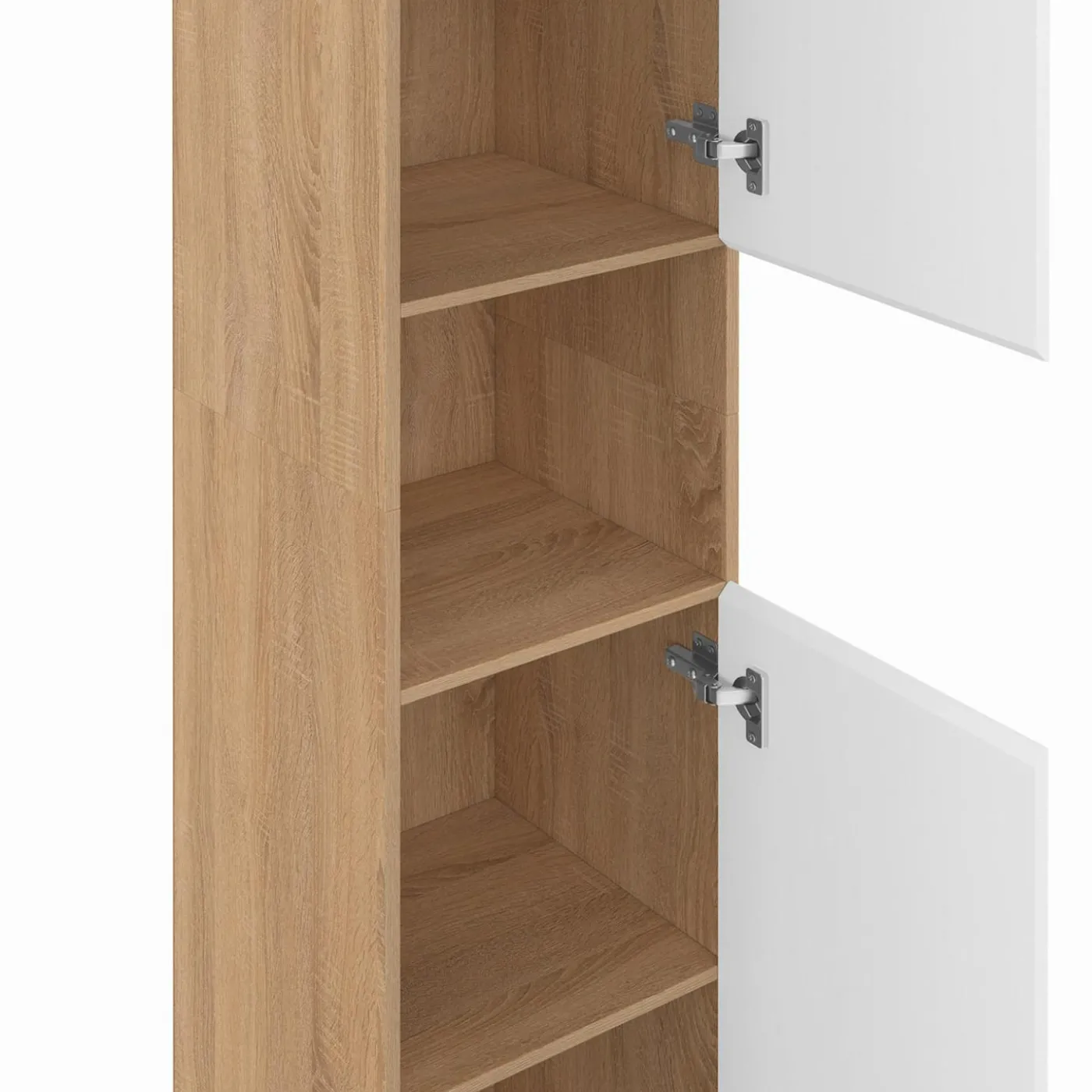 Meuble colonne salle de bain suspendu 2 portes 1 niche façon hêtre et blanc