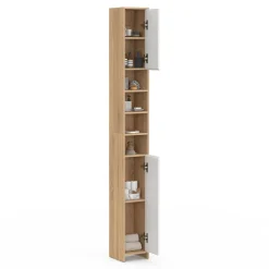 Meuble colonne salle de bain 2 portes 4 niches façon hêtre et blanc