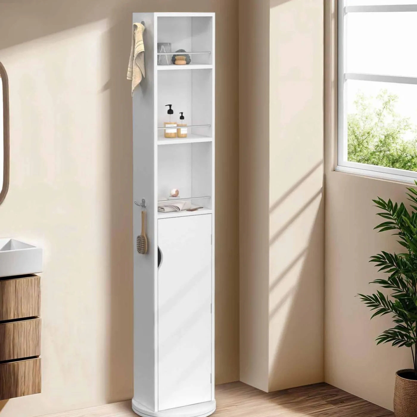 Meuble colonne salle de bain pivotant blanc