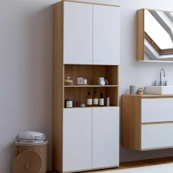 Meuble colonne salle de bain 4 portes 2 niches façon hêtre et blanc
