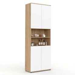 Meuble colonne salle de bain 4 portes 2 niches façon hêtre et blanc