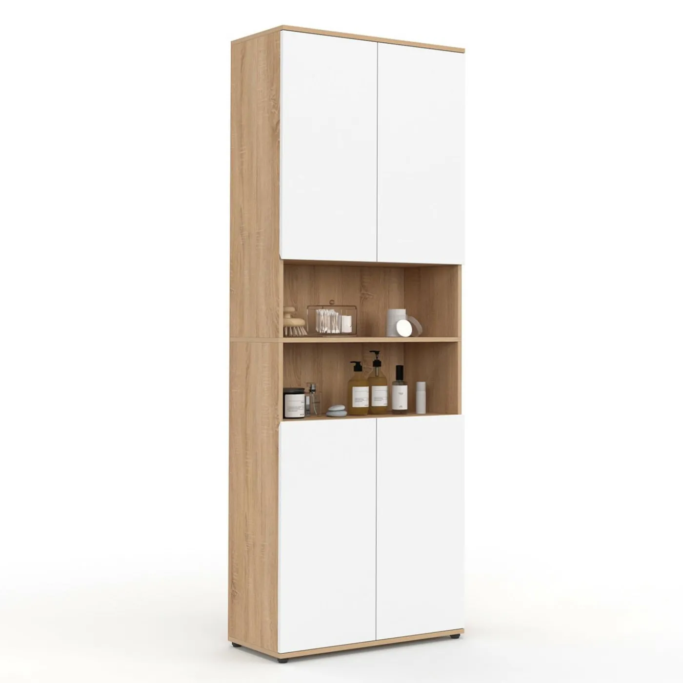 Meuble colonne salle de bain 4 portes 2 niches façon hêtre et blanc
