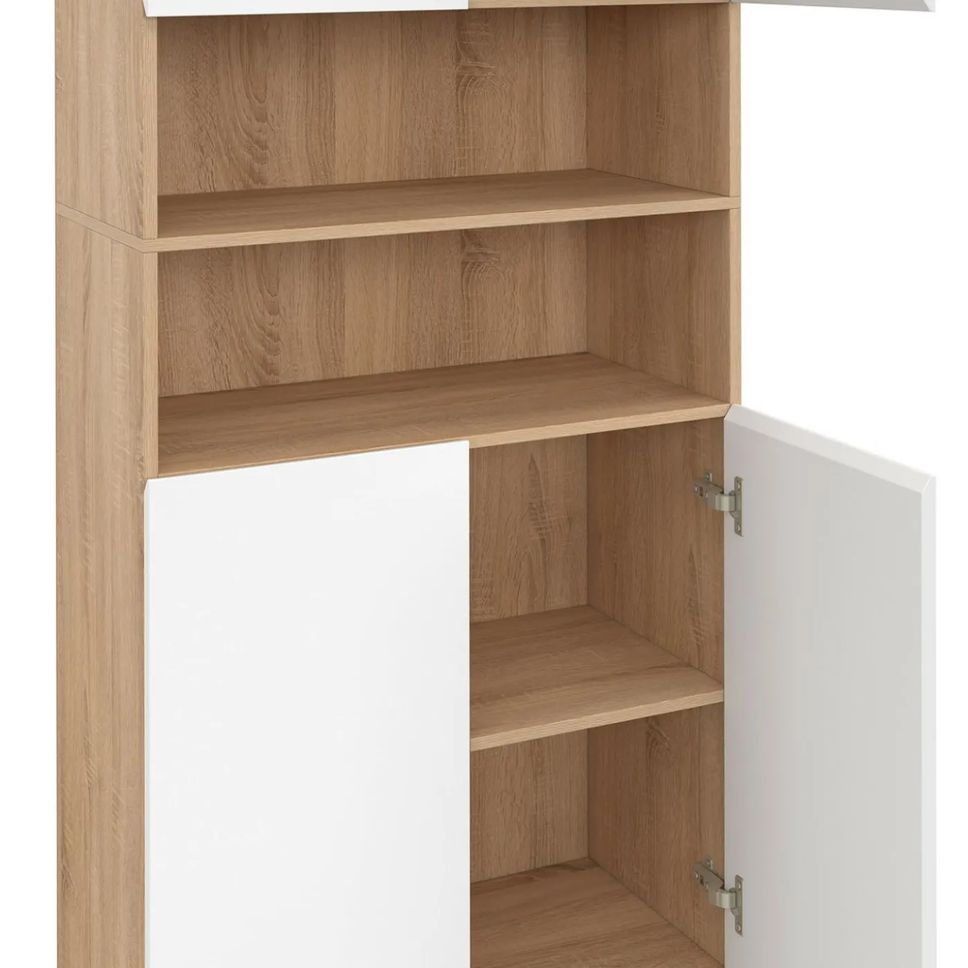 Meuble colonne salle de bain 4 portes 2 niches façon hêtre et blanc