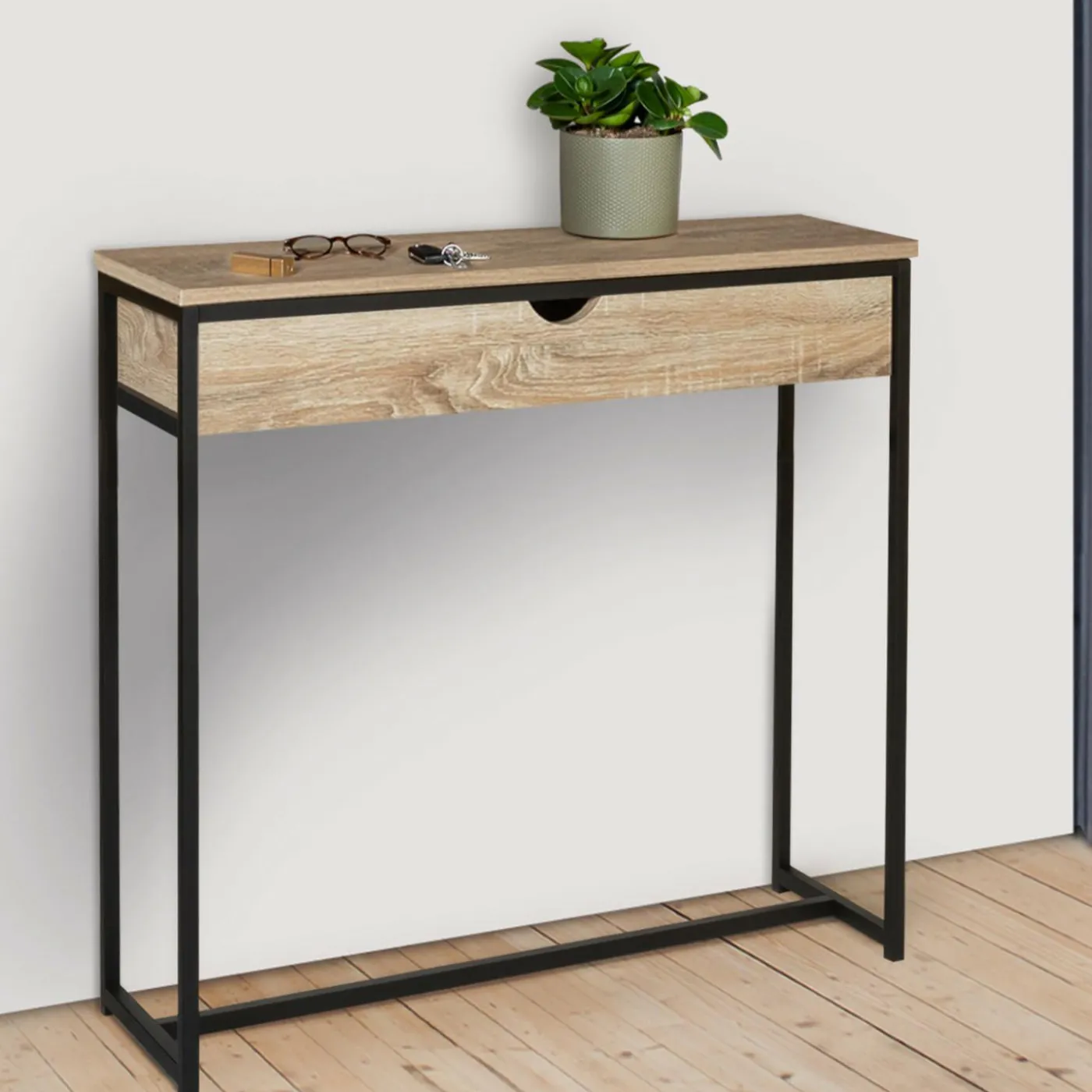 Meuble console industrielle bois et métal 90 cm