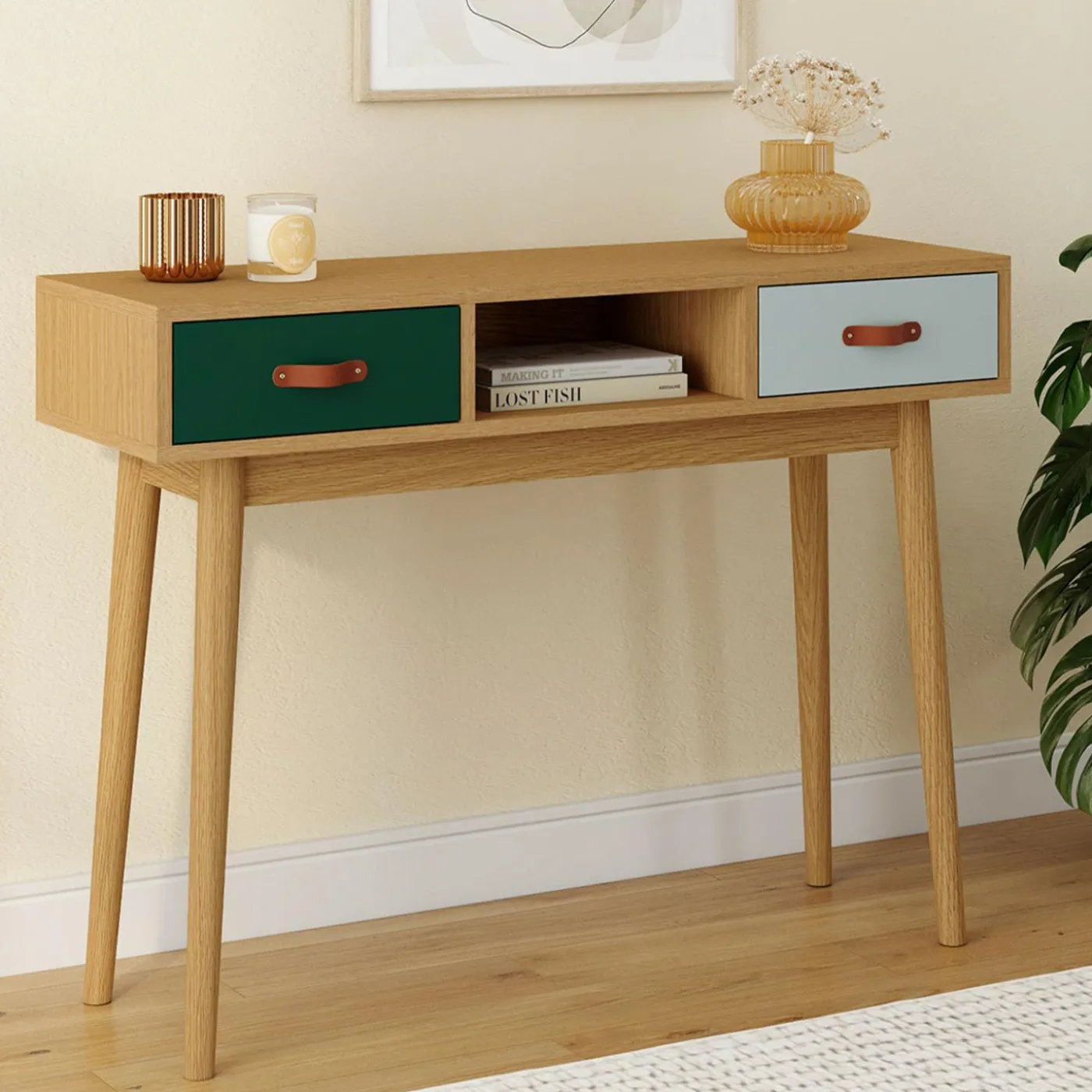 Meuble console scandinave bois et vert 100 cm