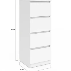 Meuble d'appoint 4 tiroirs 30 cm chiffonnier bois blanc pour entrée salle de bain