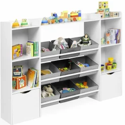 Meuble de rangement avec étagères, bacs en tissu et cubes pour enfants