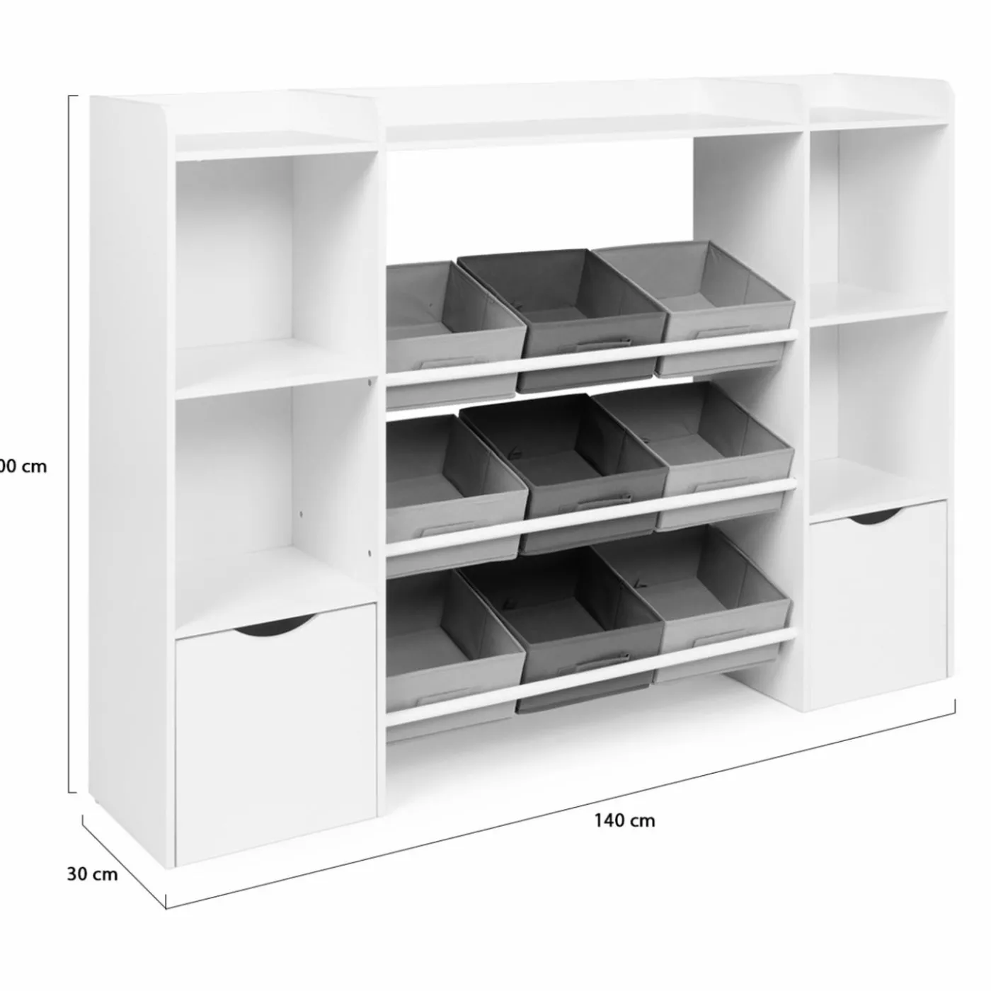 Meuble de rangement avec étagères, bacs en tissu et cubes pour enfants