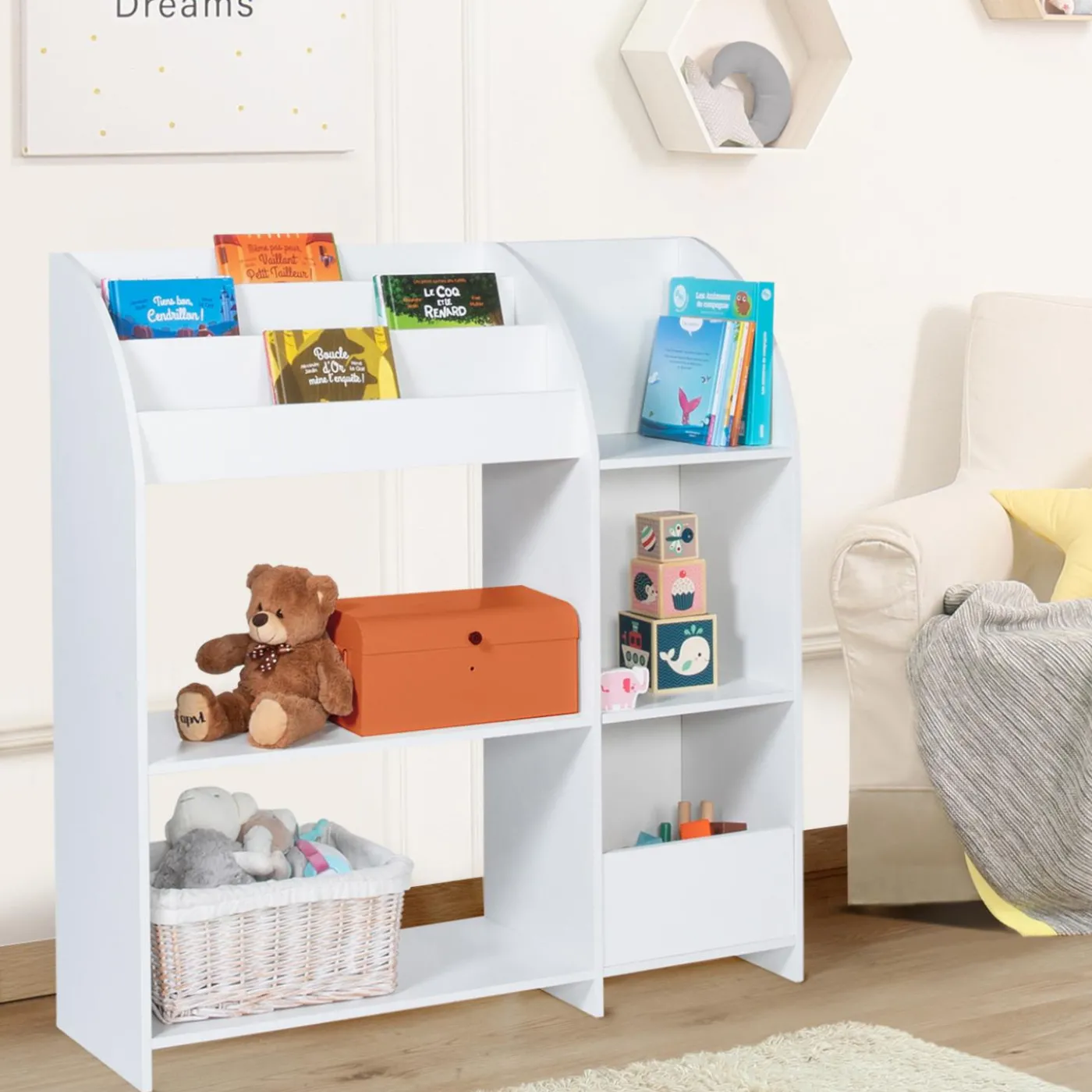 Meuble de rangement blanc pour jouets avec étagère bibliothèque