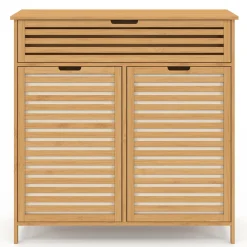 Meuble de rangement salle de bain bambou BEA 2 paniers à linge amovibles 1 tiroir tissu écru