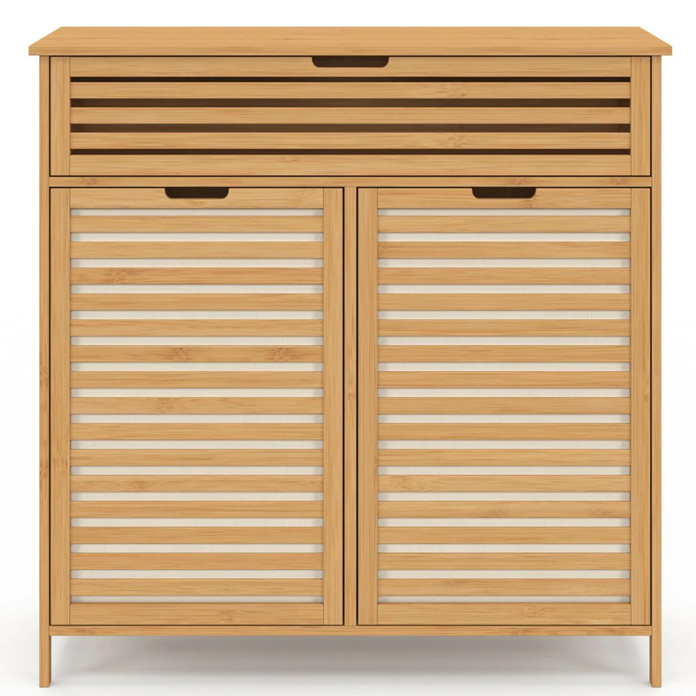 Meuble de rangement salle de bain bambou BEA 2 paniers à linge amovibles 1 tiroir tissu écru