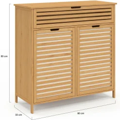 Meuble de rangement salle de bain bambou BEA 2 paniers à linge amovibles 1 tiroir tissu écru