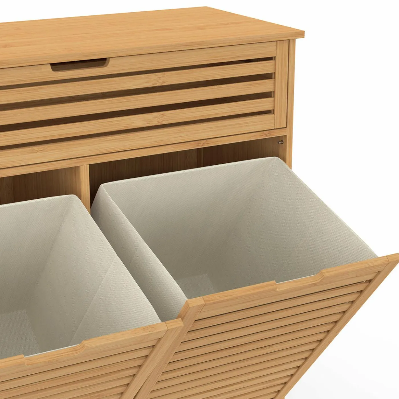 Meuble de rangement salle de bain bambou BEA 2 paniers à linge amovibles 1 tiroir tissu écru