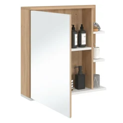 Meuble de rangement suspendu avec miroir et étagères pour salle de bain façon hêtre et blanc