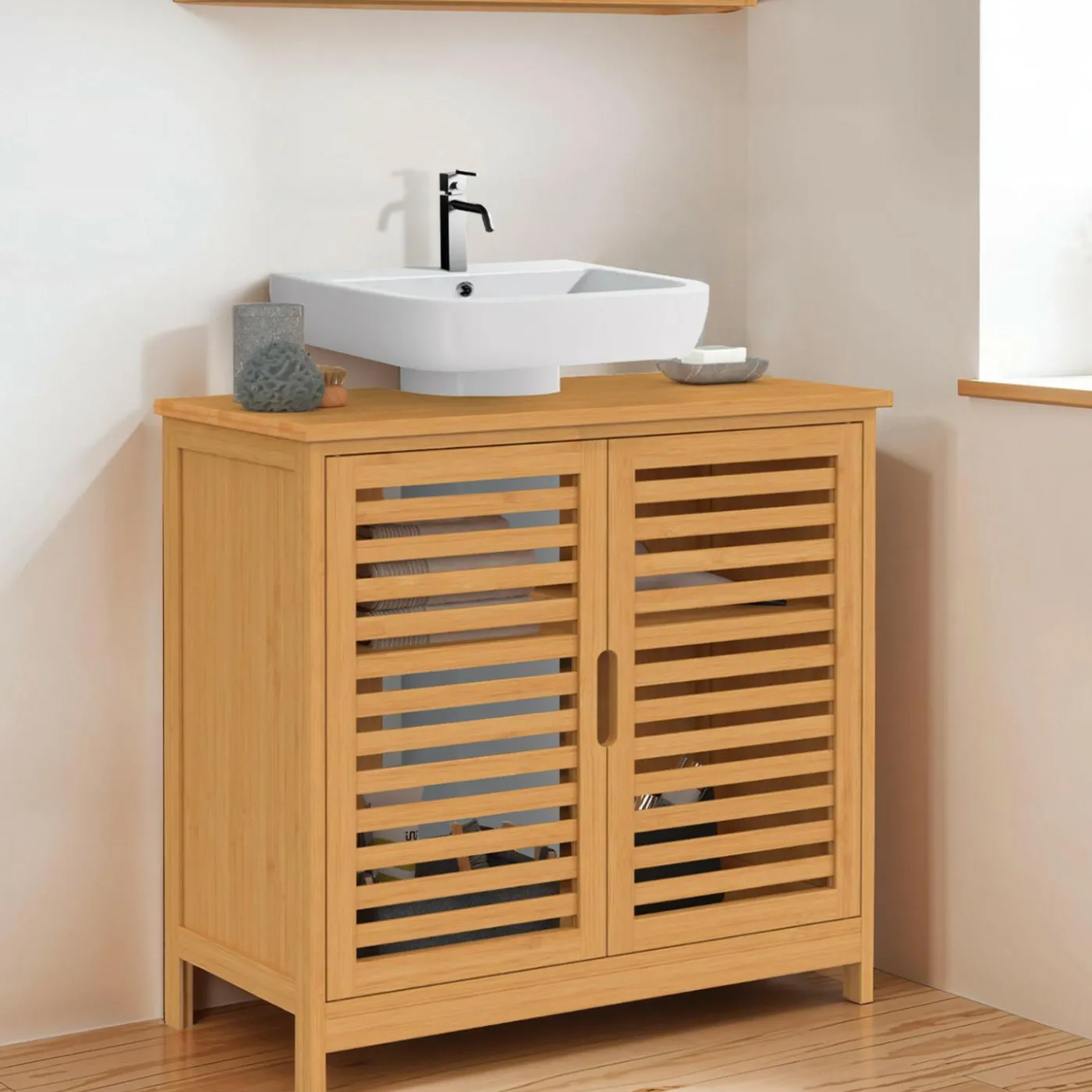 Meuble de salle de bain sous lavabo en bambou