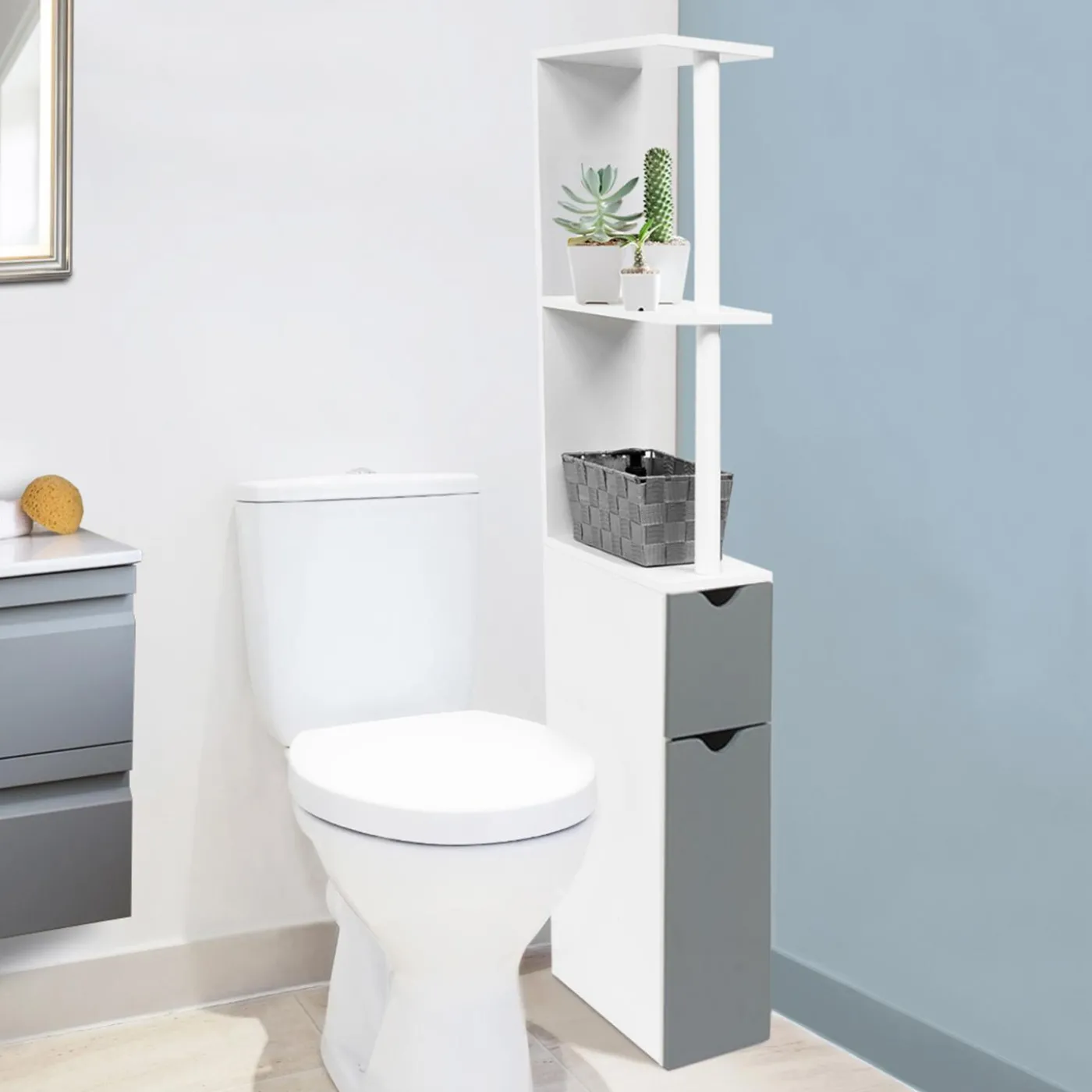 Meuble de toilette blanc et gris avec étagères