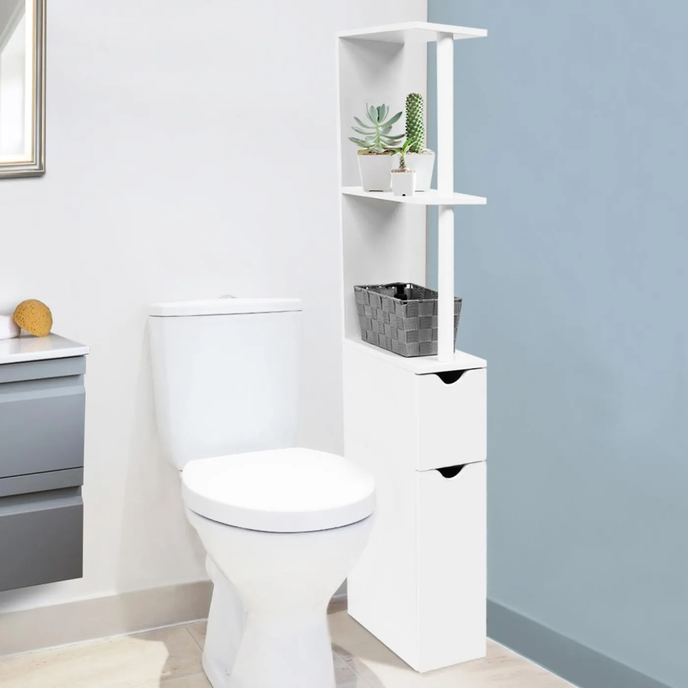 Meuble de toilette blanc avec étagères