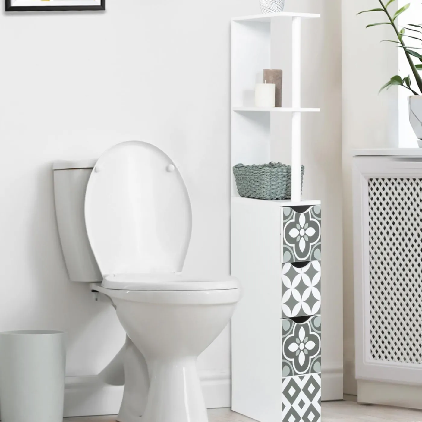 Meuble de toilette blanc et gris motif carreaux de ciment 3 portes