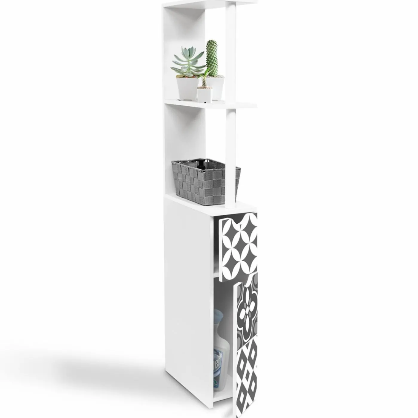 Meuble de toilette blanc et gris motif carreaux de ciment