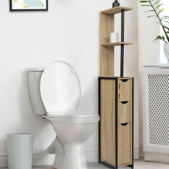 Meuble de toilette industriel bois et métal noir 3 portes avec étagères