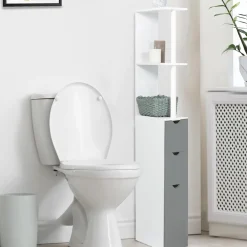 Meuble de toilettes étagère bois 3 portes blanc et gris