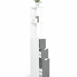 Meuble de toilettes étagère bois 3 portes blanc et gris