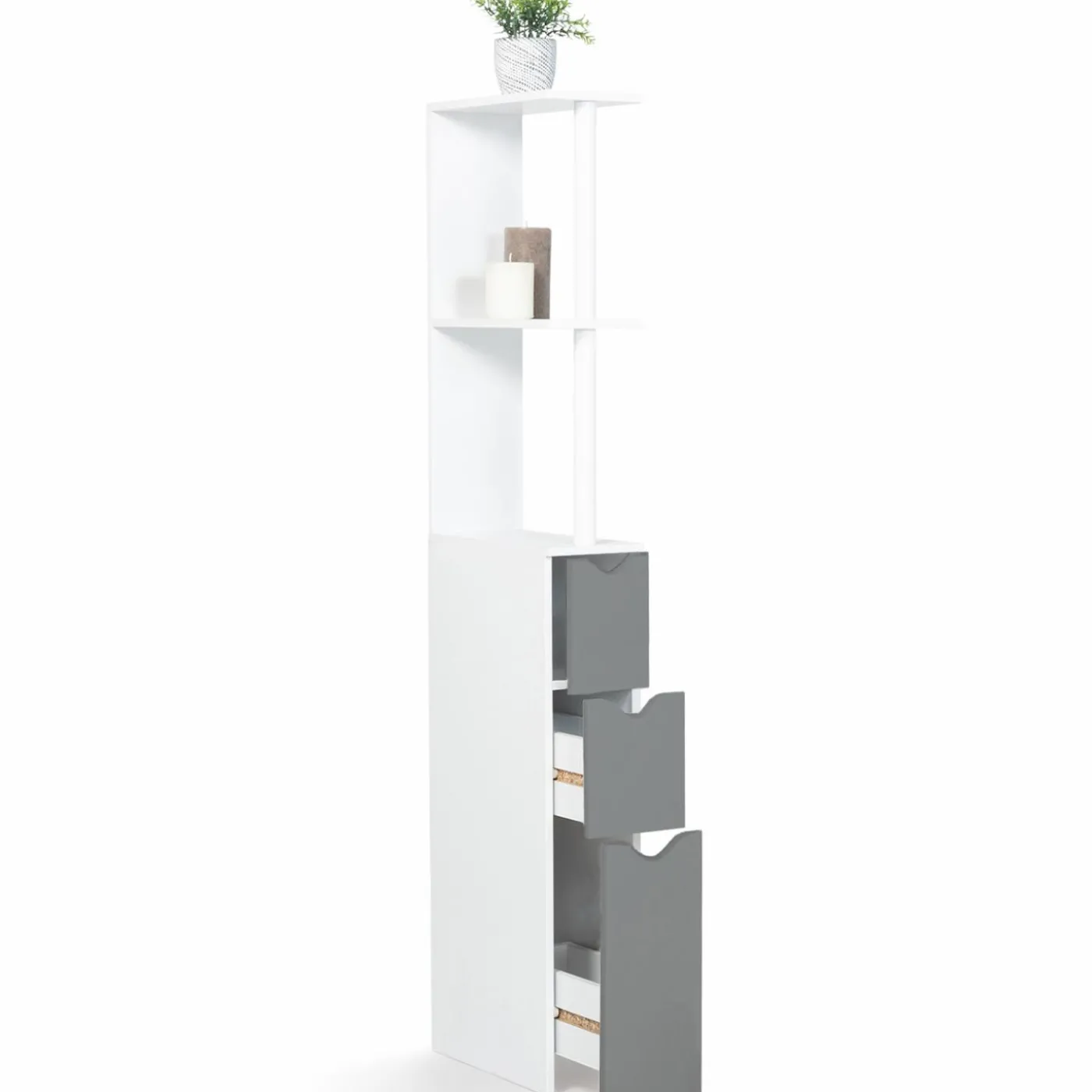 Meuble de toilettes étagère bois 3 portes blanc et gris