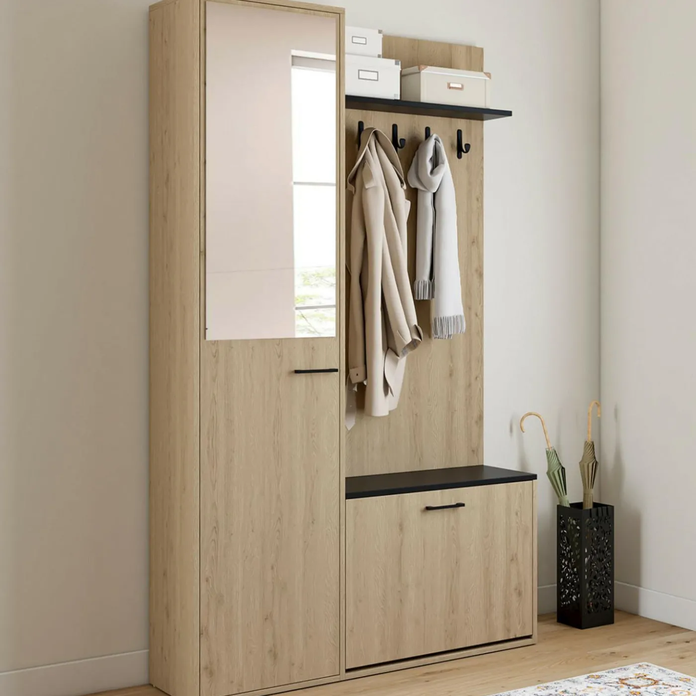 Meuble d’entrée vestiaire effet bois et noir avec banc rangement à chaussures, miroir 1 porte et étagères