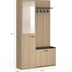 Meuble d’entrée vestiaire effet bois et noir avec banc rangement à chaussures, miroir 1 porte et étagères