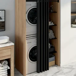 Meuble pour buanderie double machine à laver 180 cm hêtre et noir avec rideau coulissant