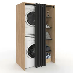 Meuble pour buanderie double machine à laver 180 cm hêtre et noir avec rideau coulissant