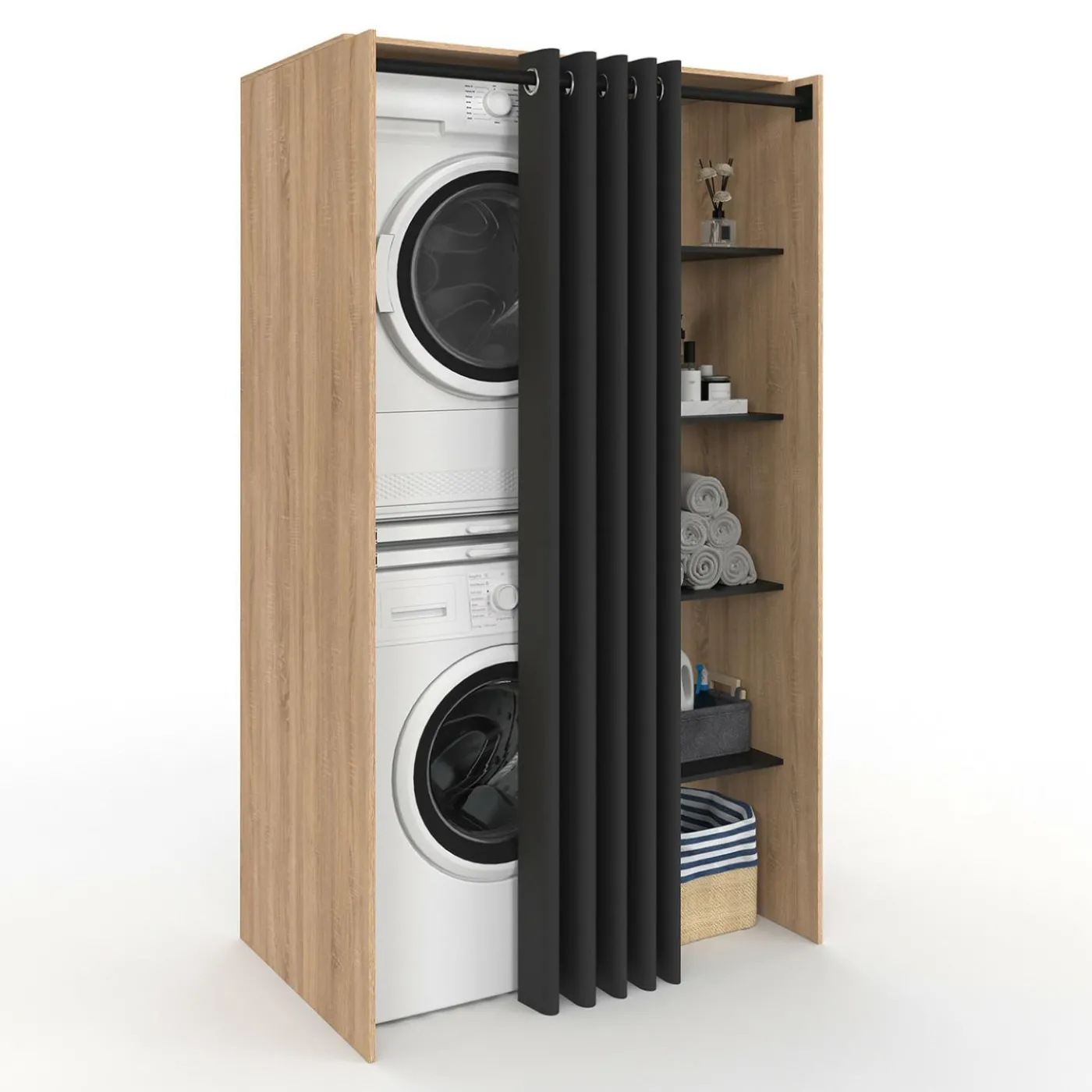 Meuble pour buanderie double machine à laver 180 cm hêtre et noir avec rideau coulissant