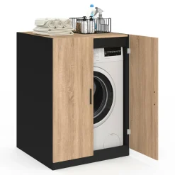 Meuble pour machine à laver avec portes noir et hêtre