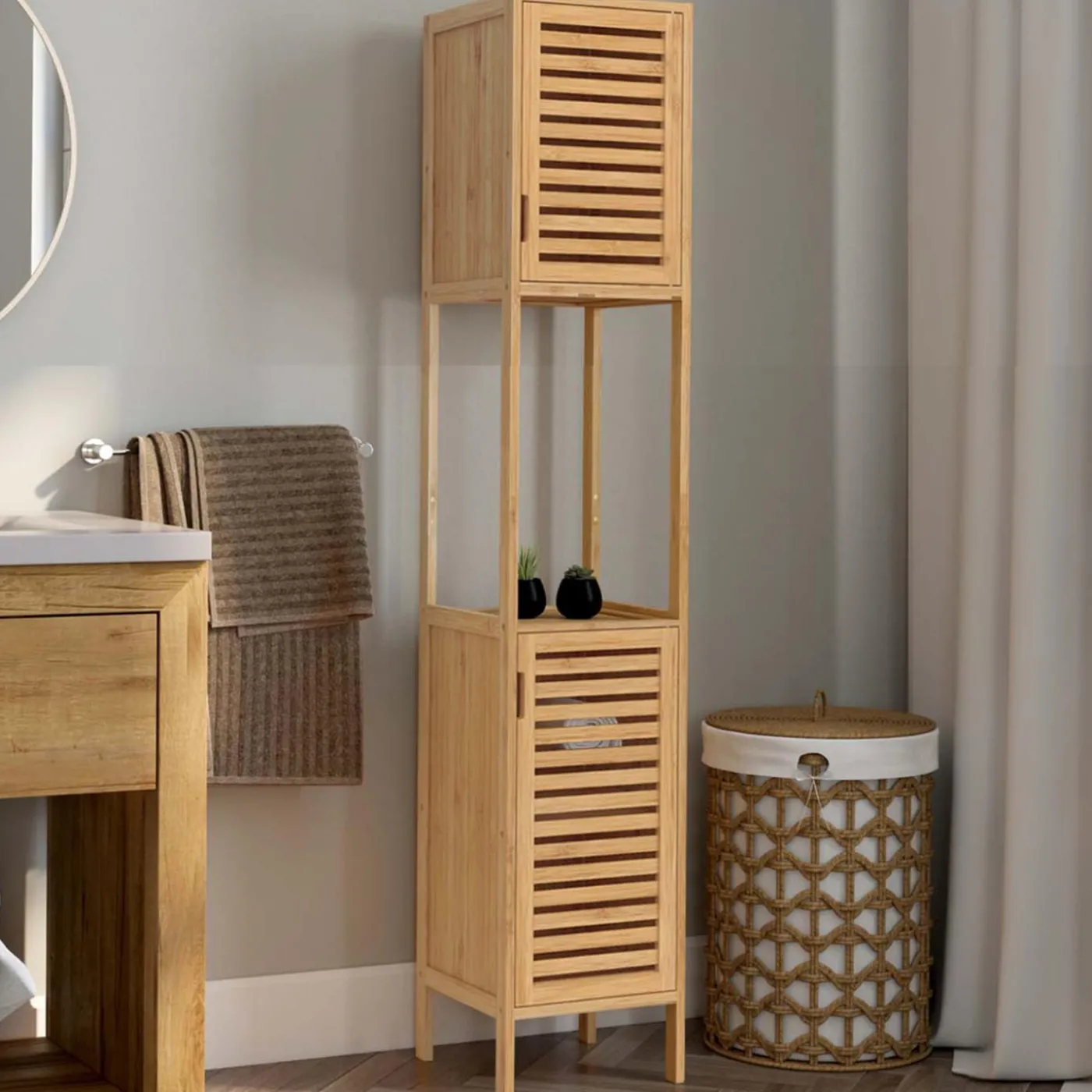 Meuble salle de bain colonne bambou 2 portes