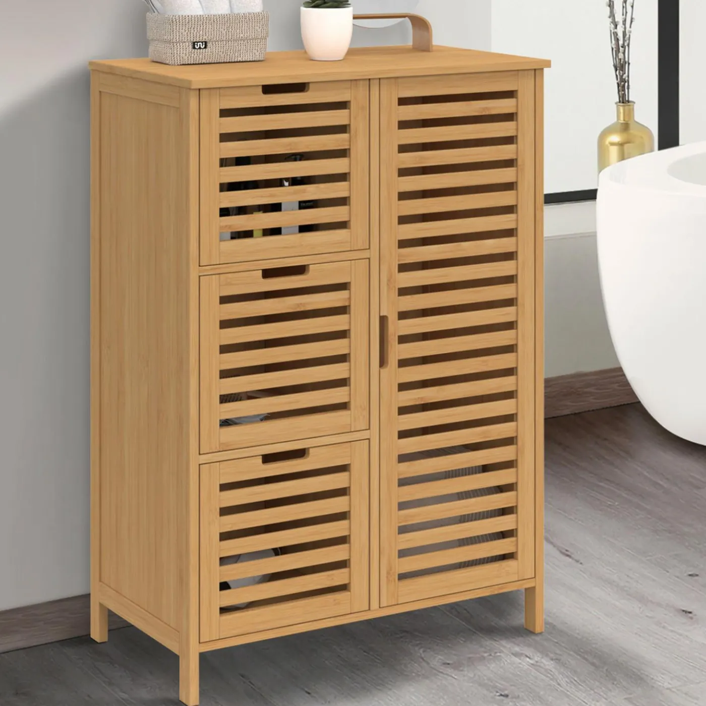 Meuble salle de bain en bambou avec placard et 3 tiroirs