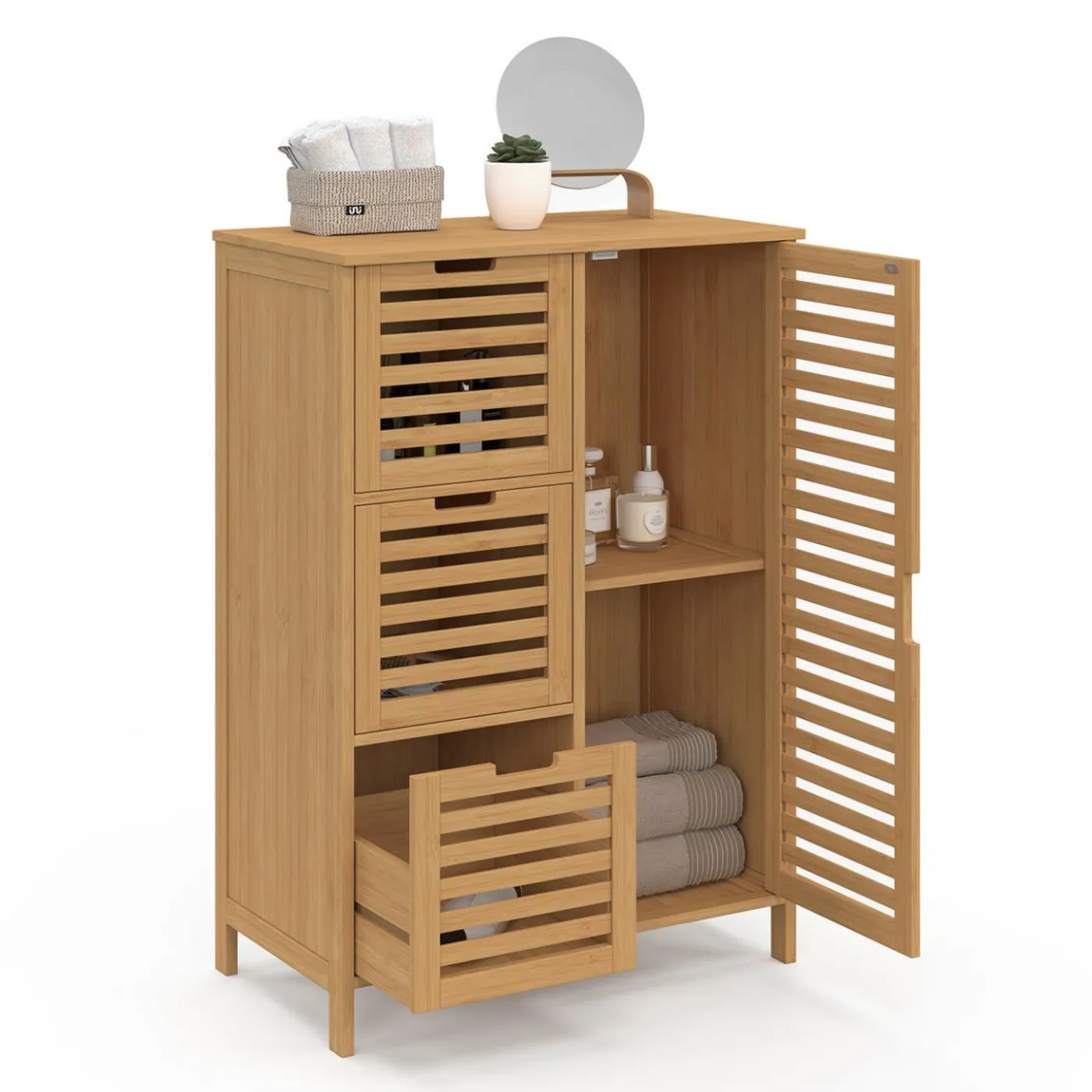 Meuble salle de bain en bambou avec placard et 3 tiroirs