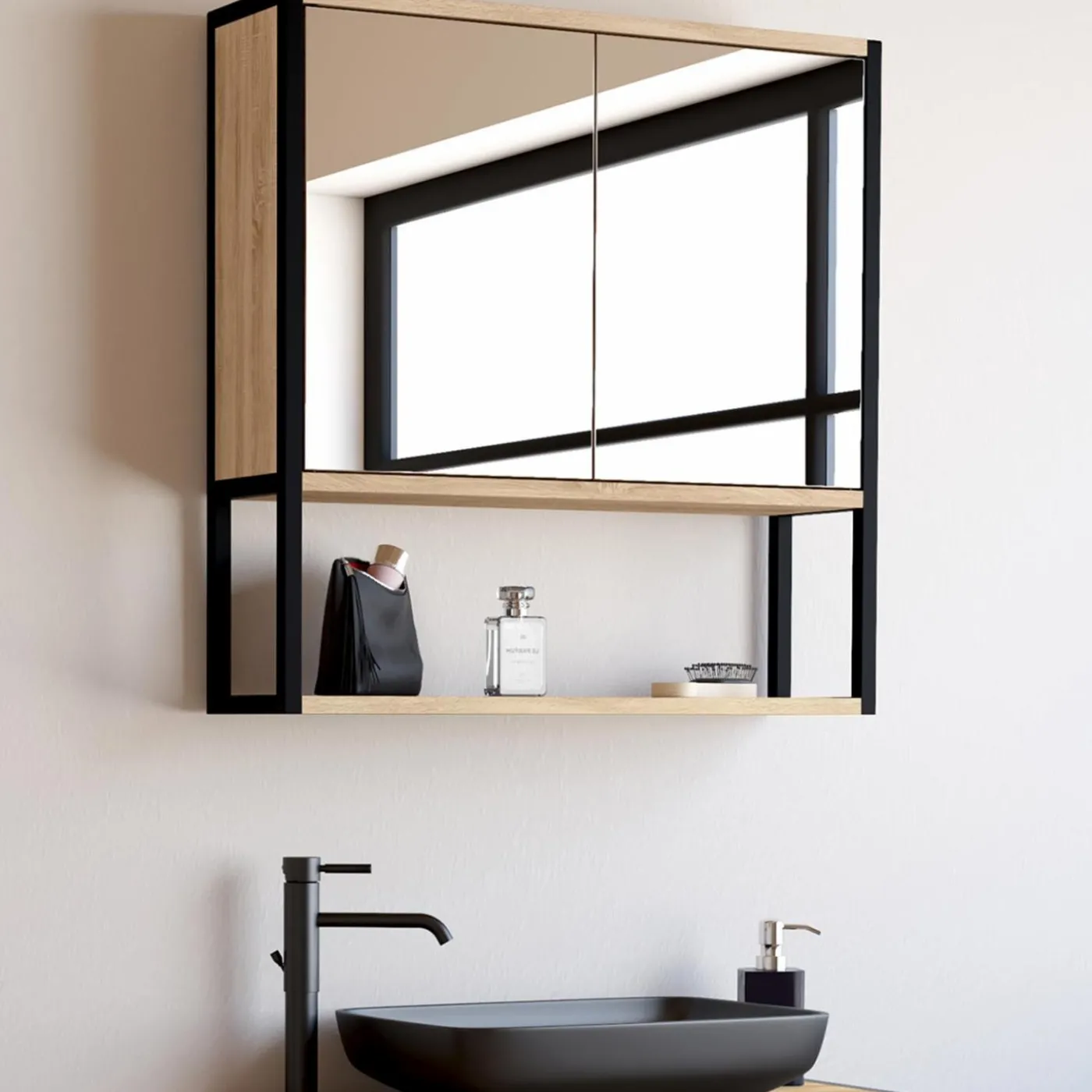 Meuble salle de bain suspendu métal et bois