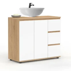 Meuble sous lavabo salle de bain avec placard et 3 tiroirs façon hêtre et blanc