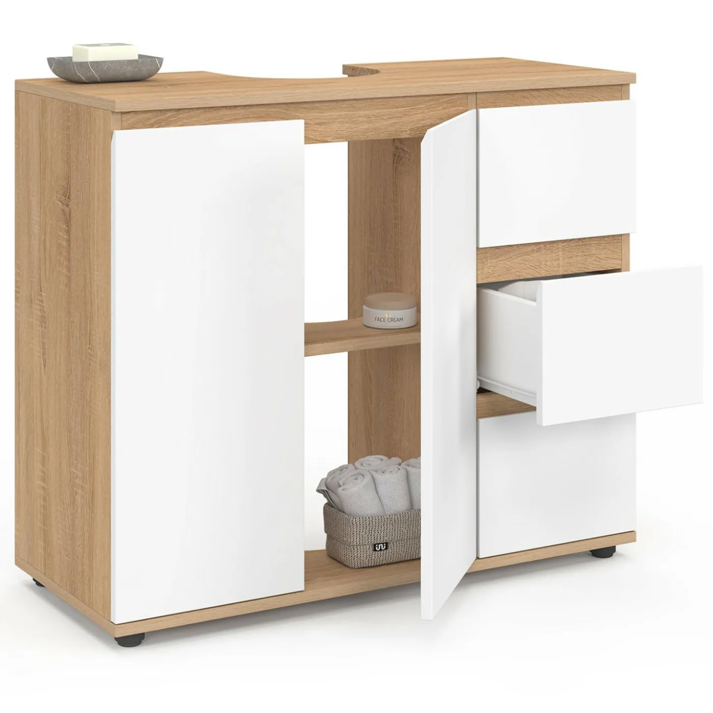 Meuble sous lavabo salle de bain avec placard et 3 tiroirs façon hêtre et blanc